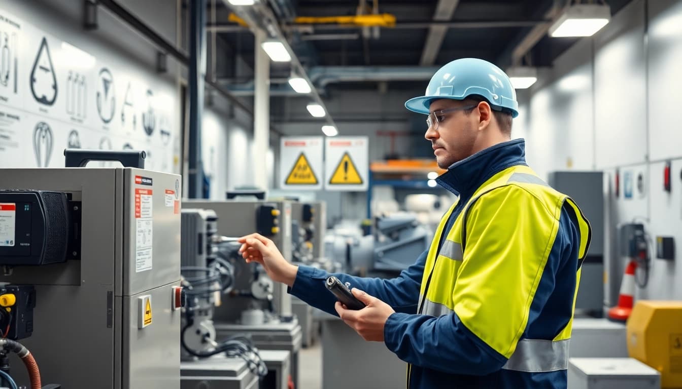 DGUV V3 Prüfung technician inspecting industrial equipment for safety compliance.