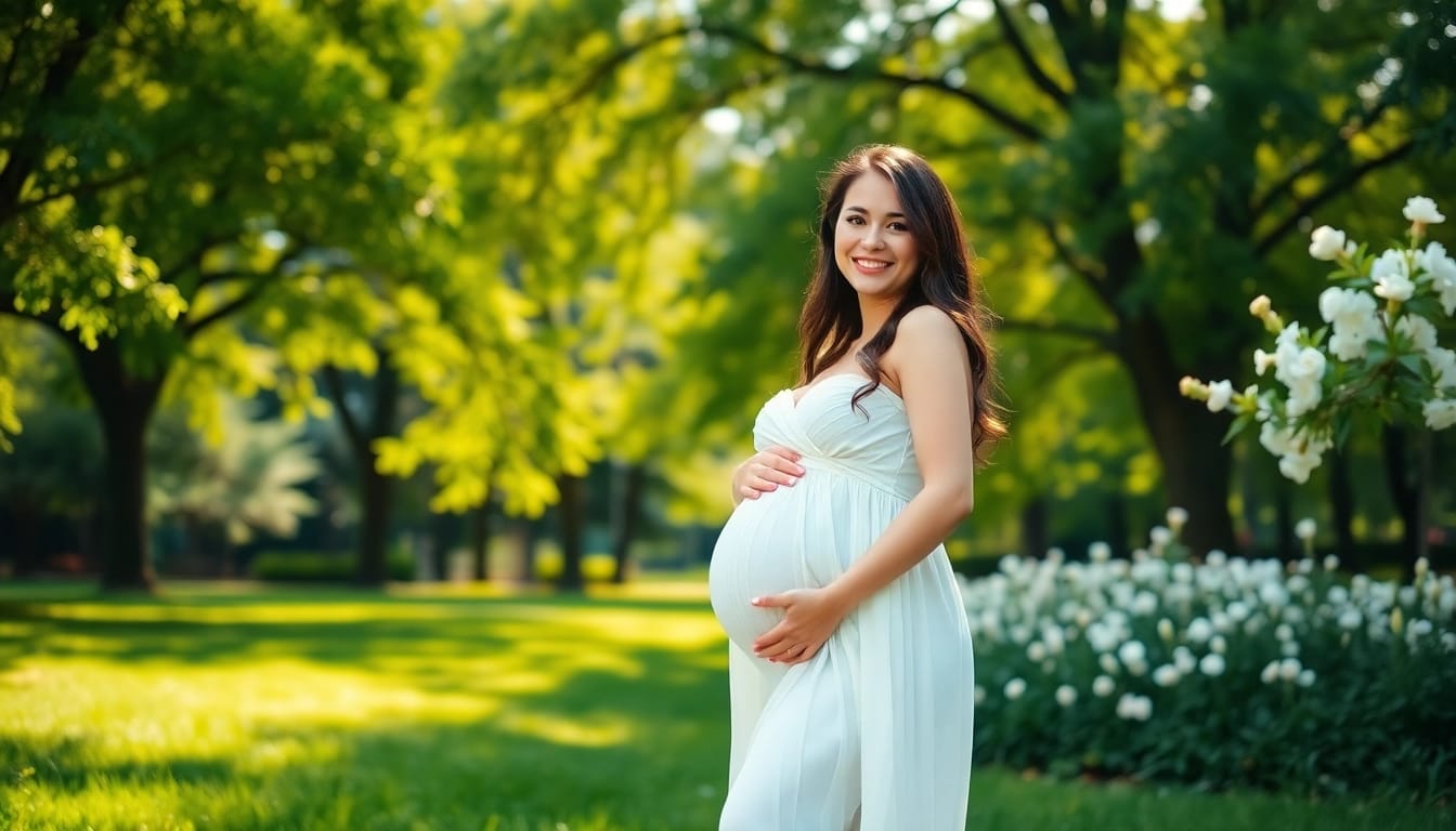 Ein bezauberndes Babybauch Shooting München mit einer schwangeren Frau in einem blühenden Park.