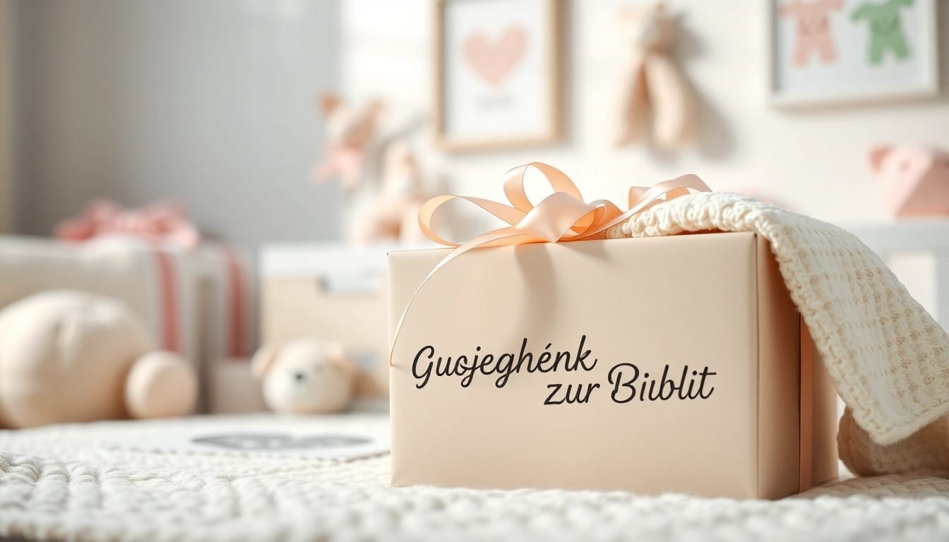 Geschenk zur Geburt - liebevoll verpacktes Geschenk mit Babydecke und Spielzeug.