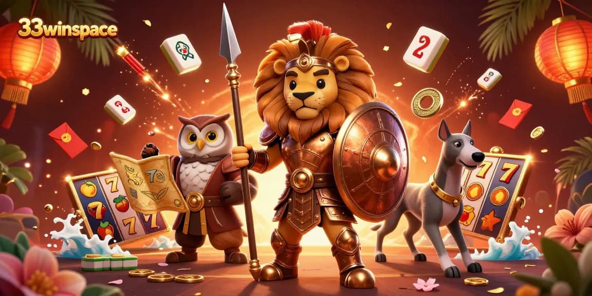 Play exciting games at 33winspace with a dynamic casino-themed scene featuring engaging characters and rich elements.