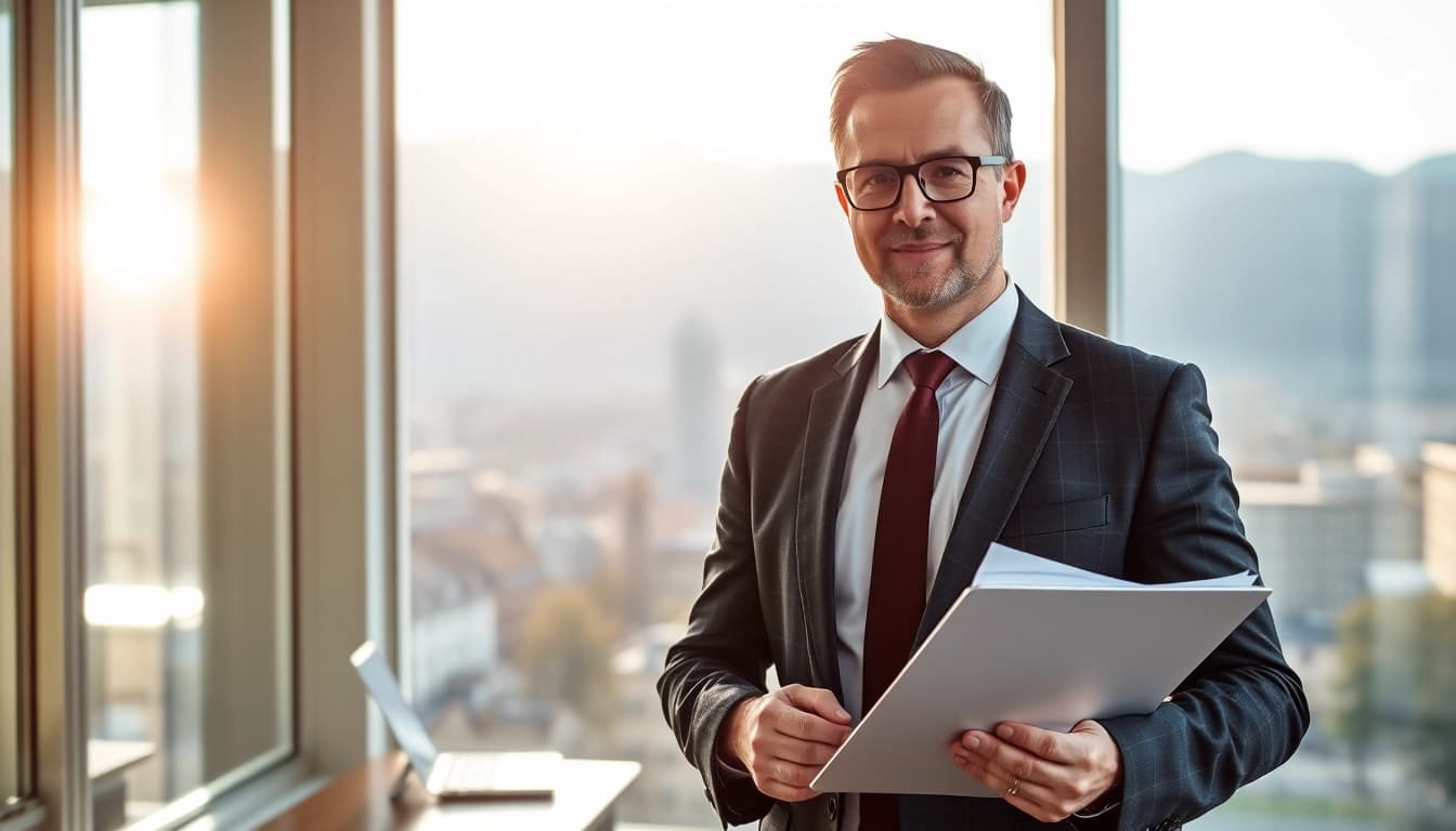 Headhunter Schweiz bei der Arbeit in einem modernen Büro, während er Kandidaten analysiert.