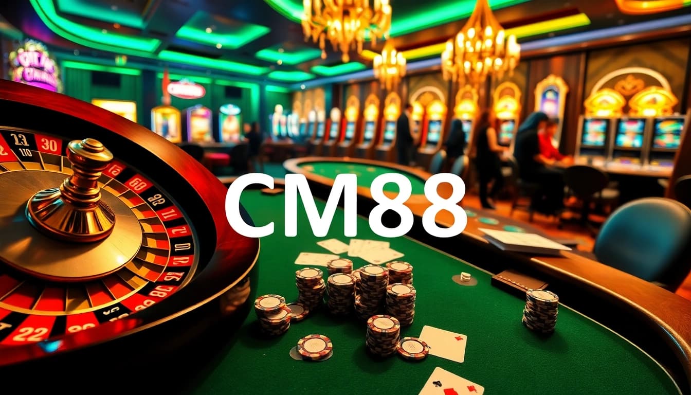 Experience the thrill of CM88 at an exclusive casino, featuring vibrant roulette and busy poker tables.
