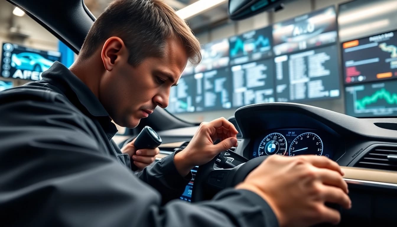 BMW Codierer analysiert Fahrzeugdateien in einem modernen Workshop mit hochentwickelter Technologie.