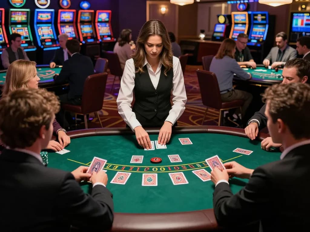 Players enjoy an engaging blackjack game at nhà cái lv88, showcasing strategic gameplay and vibrant casino atmosphere.