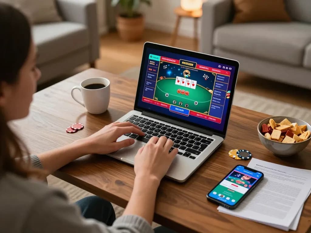 Engaging in online gaming with hỗ trợ qq88 at home using laptop, promoting responsible casino enjoyment.
