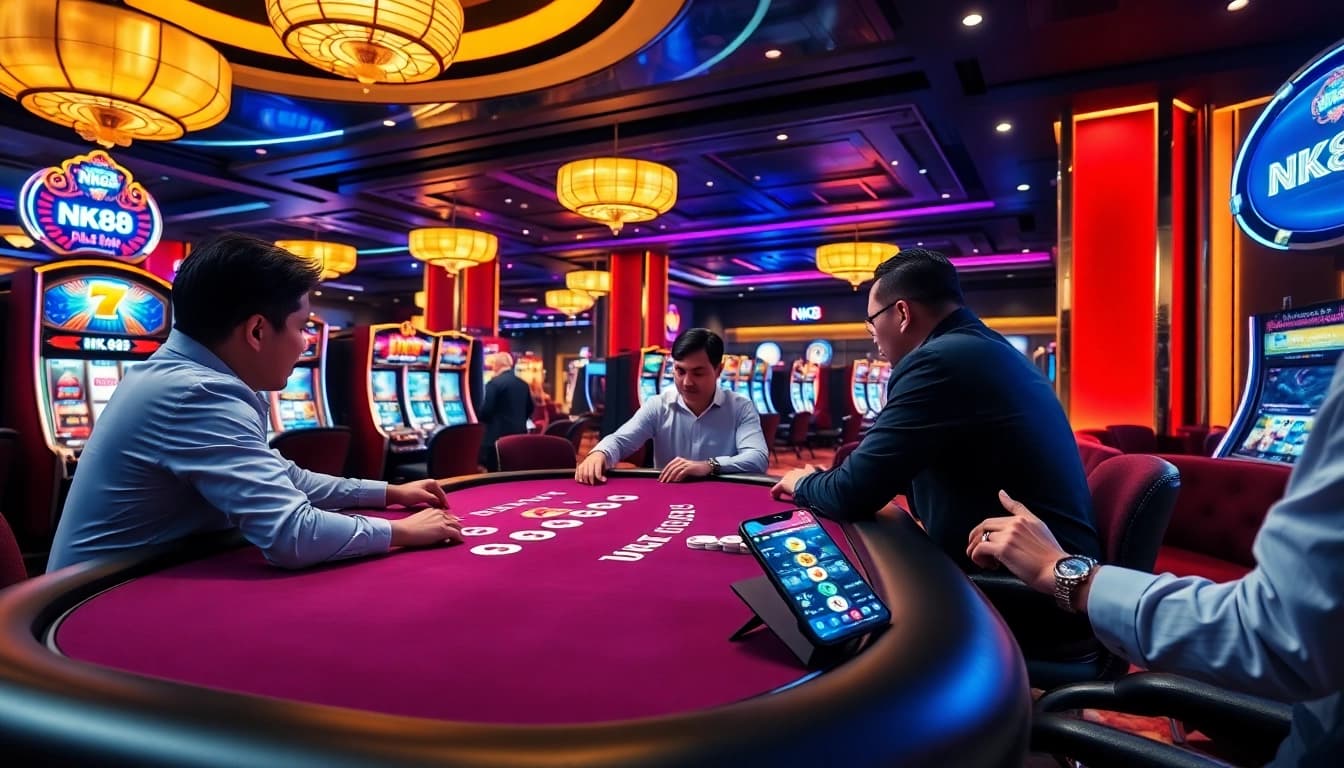 Players enjoying a thrilling poker game at NK88 casino with a luxurious atmosphere.