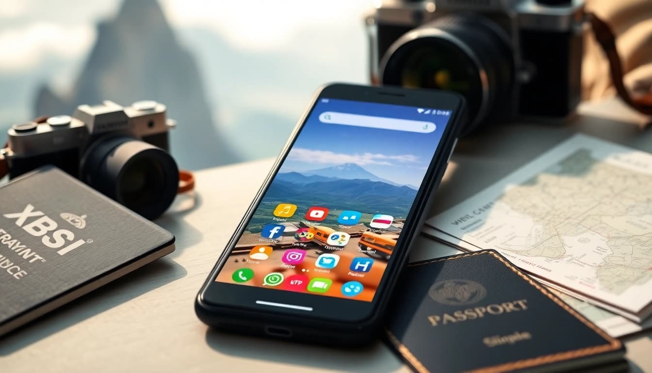Entdecke die besten apps für reisen 2026 auf einem Handy inmitten von Reiseutensilien.