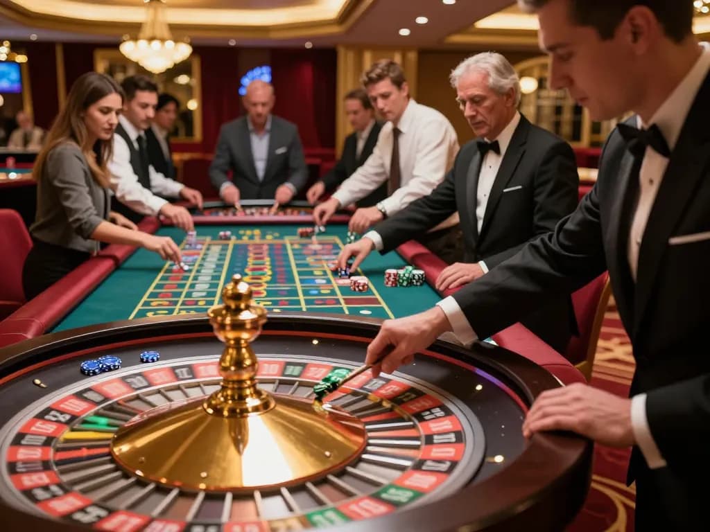 99win players placing bets at a roulette table in a luxury casino filled with excitement.