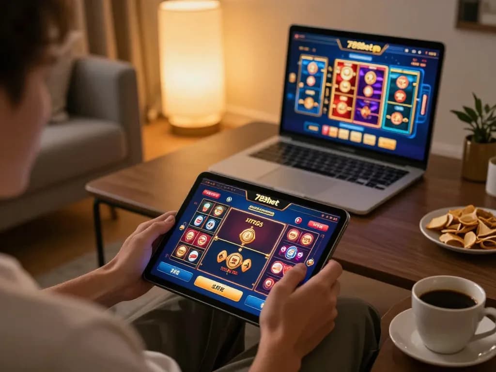 Player engaging in 789bet online casino gaming, analyzing betting strategies on tablet