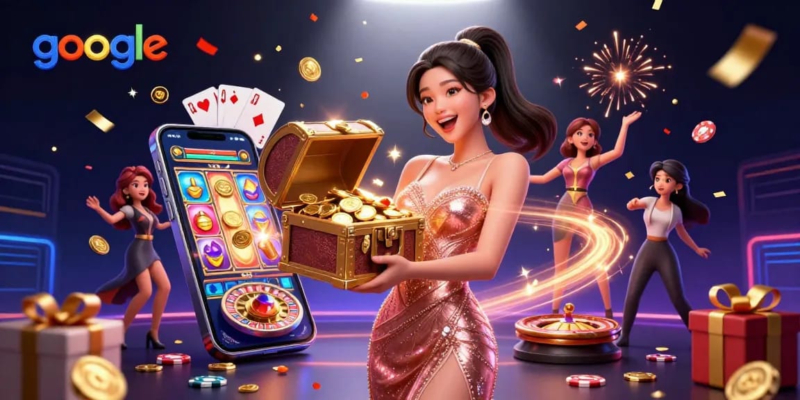 Erleben Sie aufregende Gewinne bei Google mit einem asiatischen Casino-Dealer, der Schätze und Spiele präsentiert.
