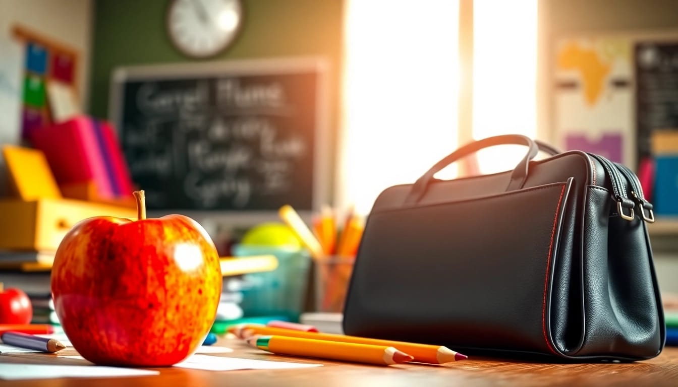 Handytasche Lehrer auf einem Schreibtisch mit Schulmaterialien und einem bunten Apfel.