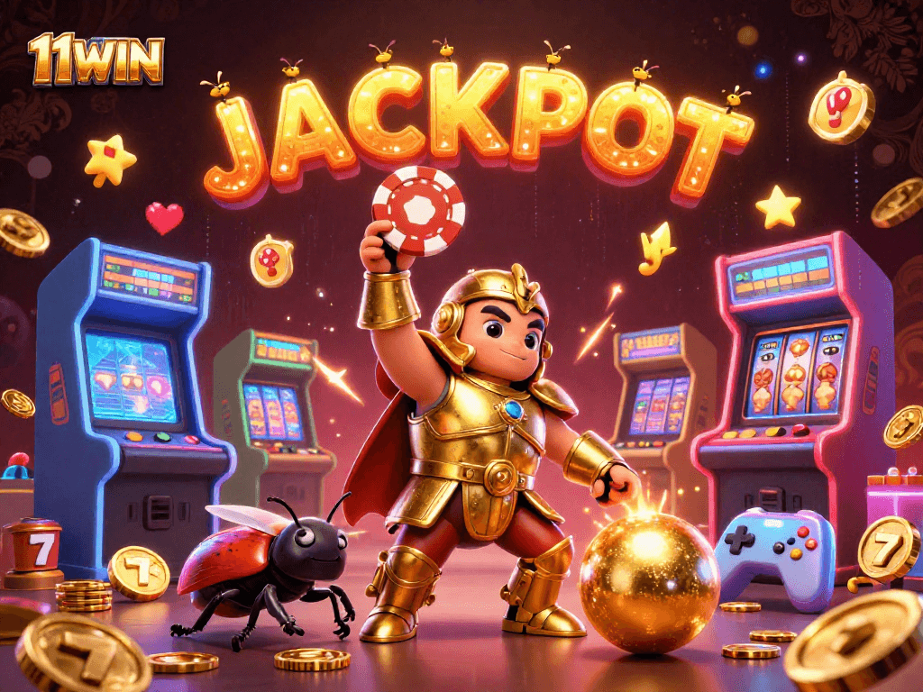 11WIN jackpot celebration with a heroic beetle lifting a poker chip in a lively casino scene.