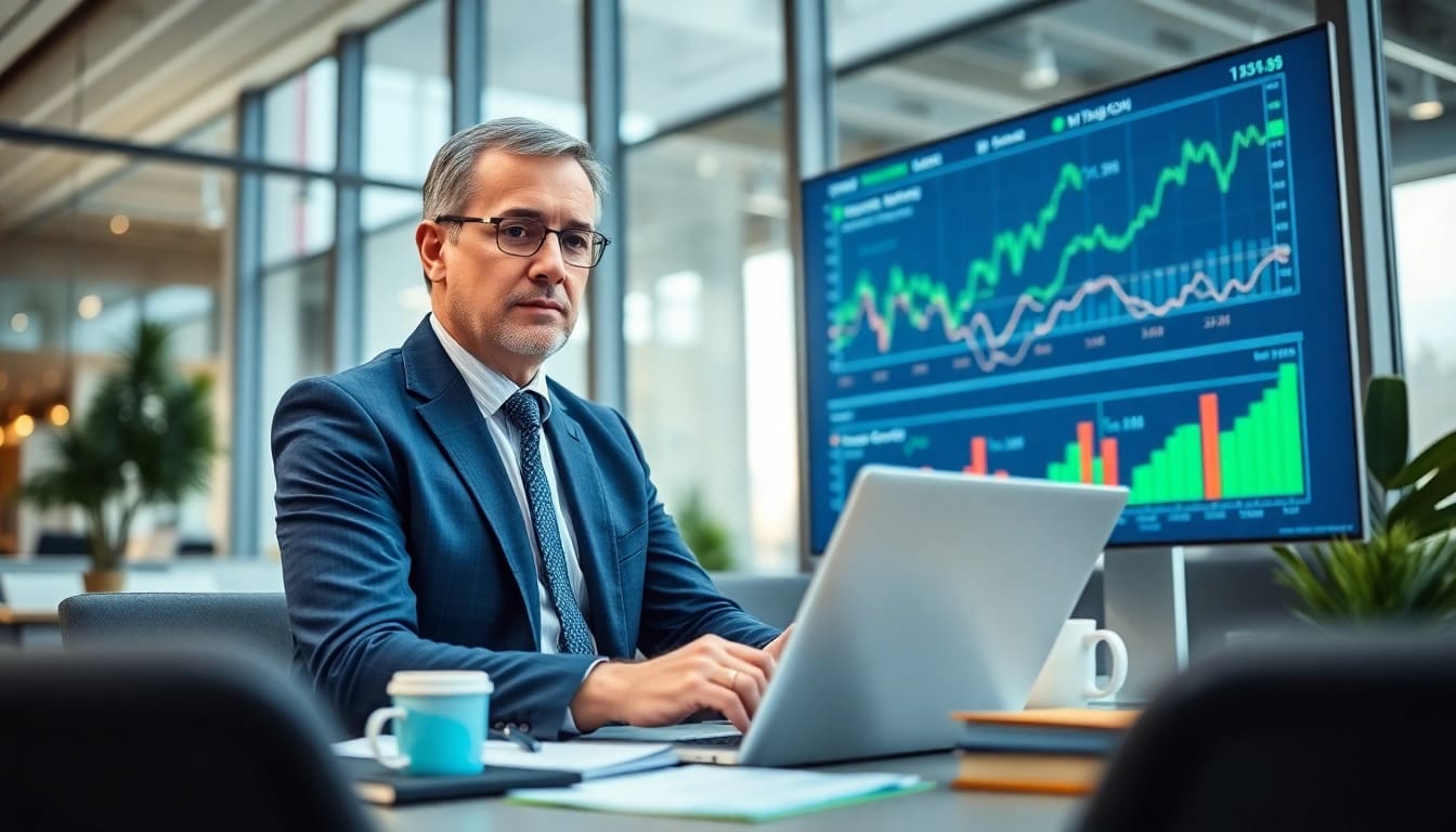 Analyse von Wertpapieren durch einen Finanzberater in einem modernen Büro.