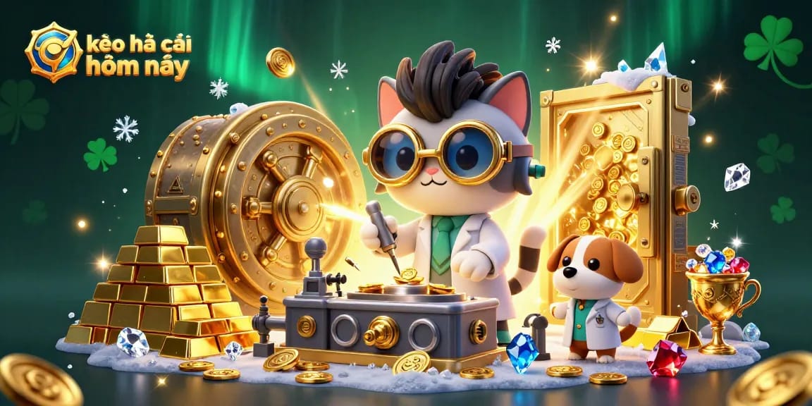 Engage with kèo nhà cái hôm nay in a vibrant scene of a mad scientist cat and loyal dog amidst dynamic gold treasures.