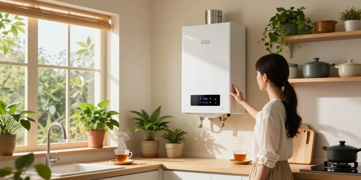 Der effiziente 80-Liter-Boiler, der nahtlos in eine moderne Küche integriert ist, hebt umweltfreundliche Heizlösungen und eine gemütliche Atmosphäre hervor.