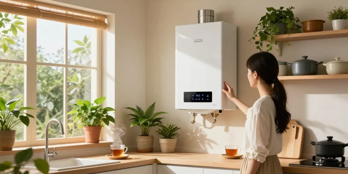 Der effiziente 80-Liter-Boiler, der nahtlos in eine moderne Küche integriert ist, hebt umweltfreundliche Heizlösungen und eine gemütliche Atmosphäre hervor.