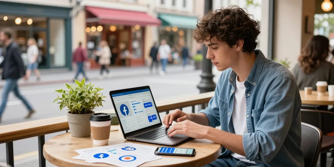 Facebook Follower kaufen - Junge Person in Café, die auf einem Laptop arbeitet und Social-Media-Analysen überprüft.