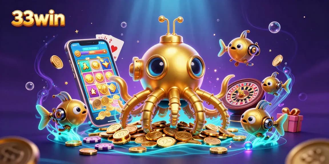 Experience the thrill of gambling with 33win as you dive into a colorful slot game amidst golden treasures.