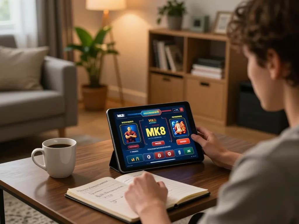 Engaging in online gambling with MK8th app on tablet, showcasing strategic gameplay atmosphere.