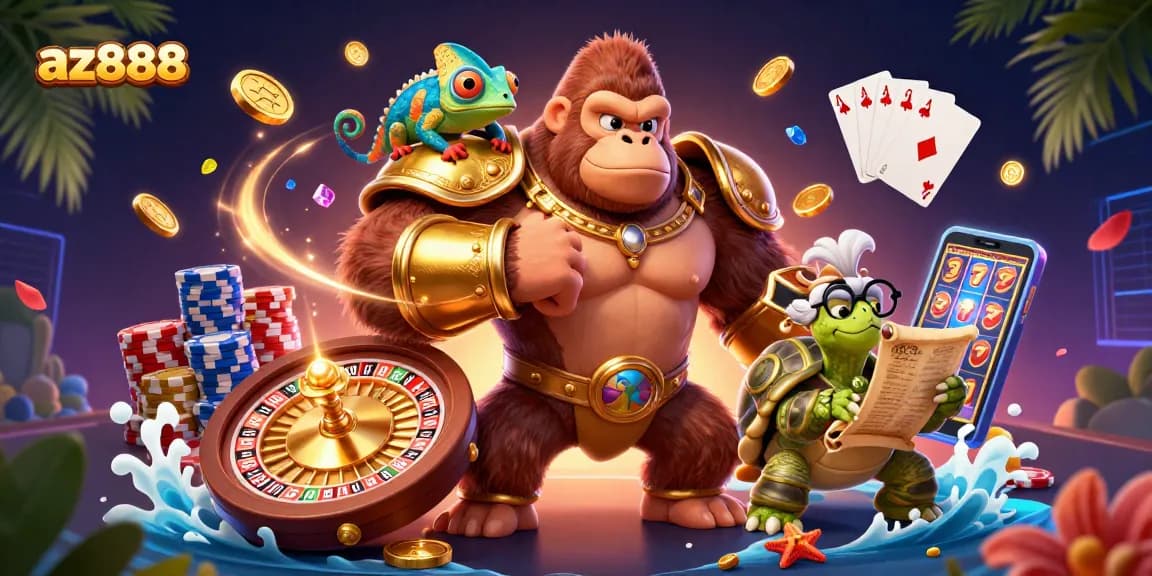 Experience the az888 excitement with vibrant 3D casino characters amidst gold coins and roulette wheels.