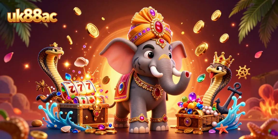 Experience thrilling gameplay with uk88ac, featuring a vibrant casino-themed scene with animated characters and treasure.