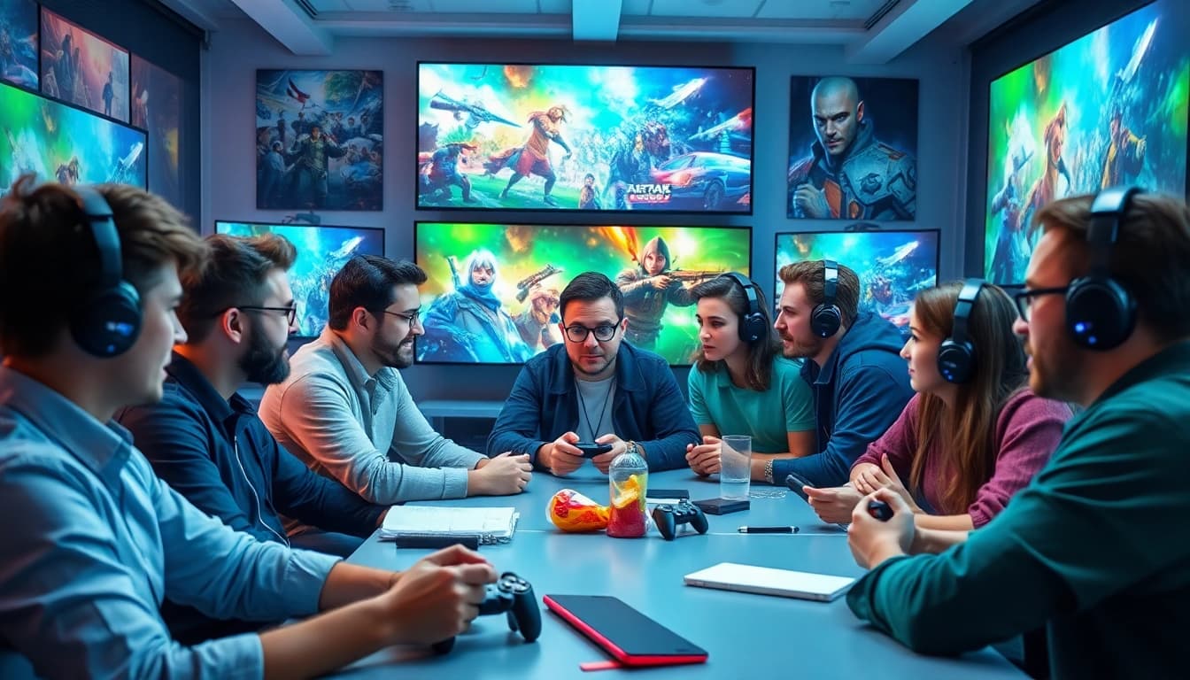 Gaming News Diskussion unter Gamern mit Monitoren und lebhaften Farben
