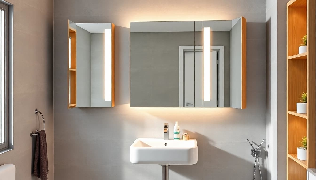 sonni Spiegelschrank mit warmem LED-Licht in modernem Badezimmer-Setup