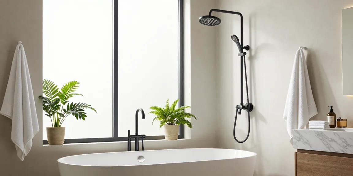 Grohe regendouche zwart geïnstalleerd in een luxueuze badkameromgeving met elegante armaturen en natuurlijk licht.