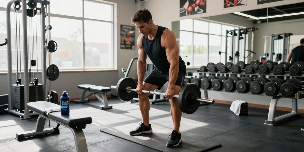 Professioneller Bodybuilder im Selliza Shop Fitnessstudio, bereit für das Training, umgeben von hochwertigem Fitnesszubehör.