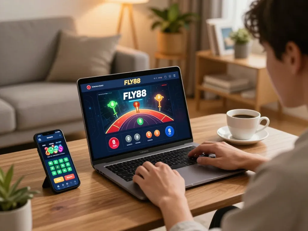 Player enjoying FLY88 online casino from home with laptop, showcasing strategic gameplay.