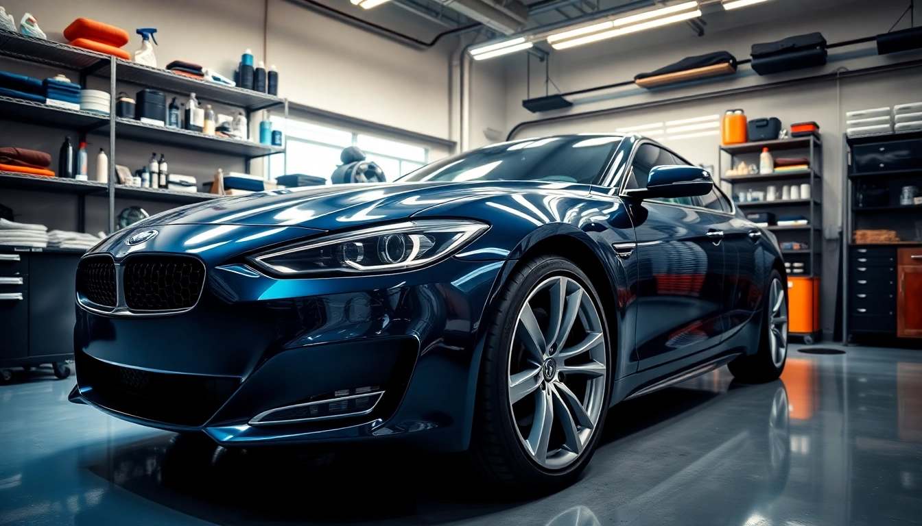 Fahrzeugaufbereitung im modernen Werkstatt mit glänzendem Auto und Detailing-Werkzeugen.