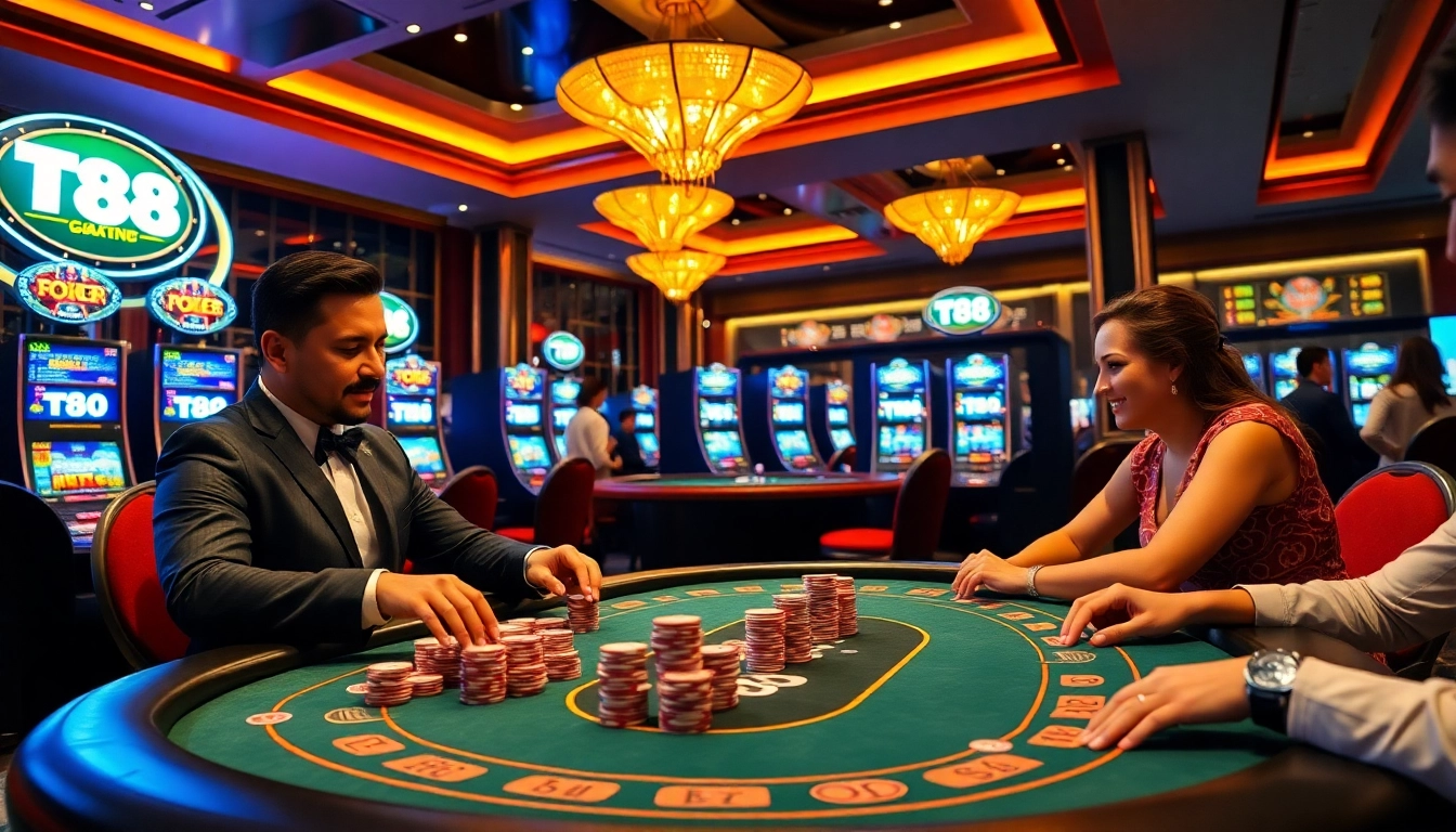 Experience TT88's exciting casino atmosphere with professional dealers and vibrant gaming lights.