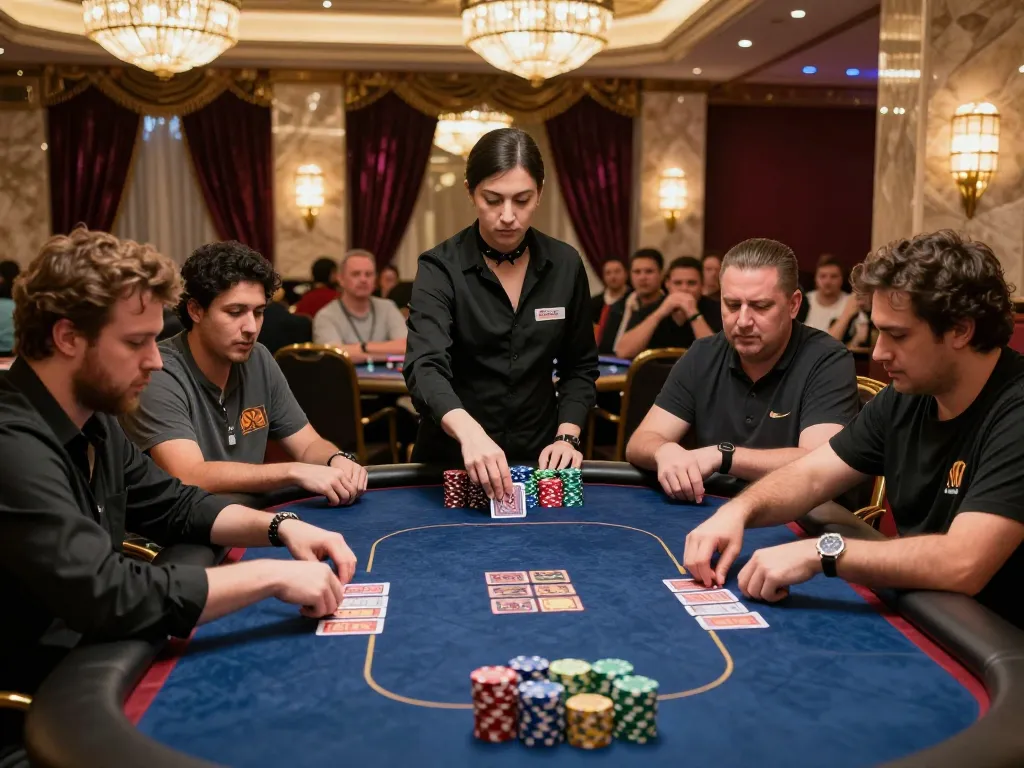 Poker players strategically betting at a da88 tournament table surrounded by luxurious casino decor.