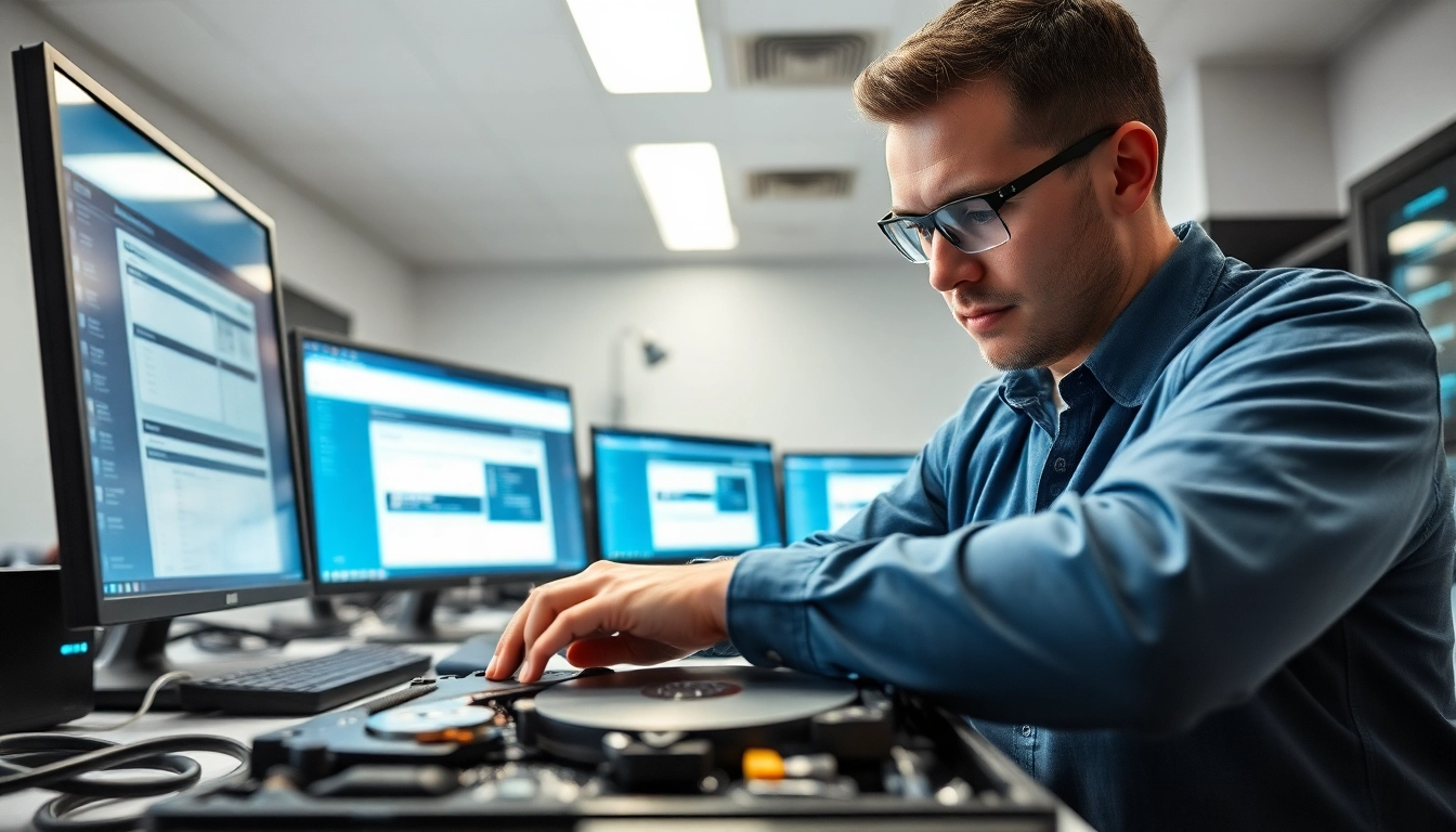 Datenrettung festplatte wien: Techniker analysiert beschädigte Festplatte in modernem Büro.