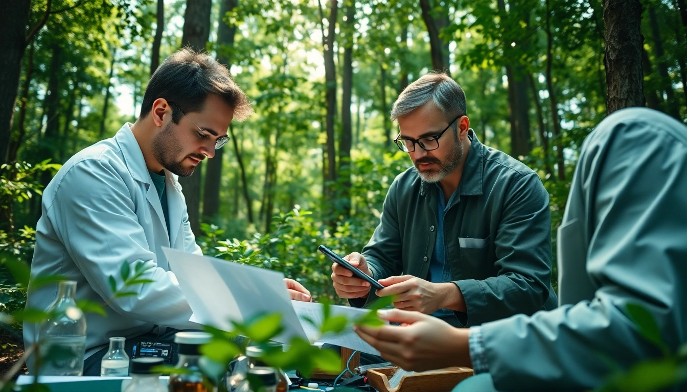 Umweltforschung im Besuch von Umweltforschern in einem grünen Wald mit Experimentieranordnung.