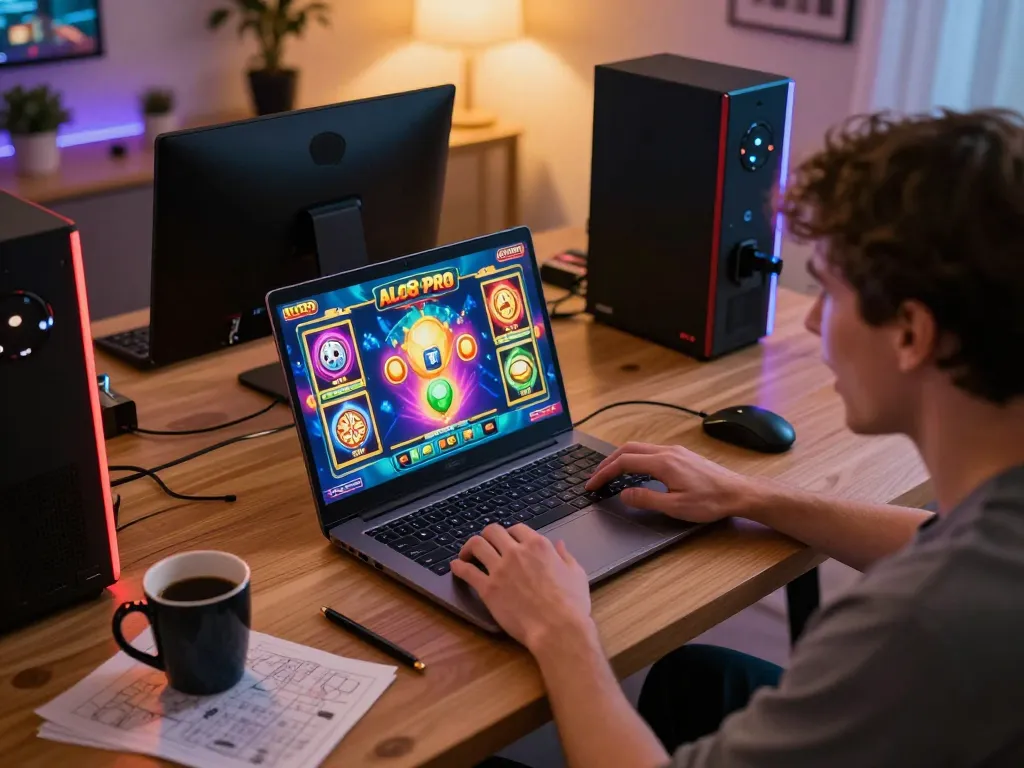 Player experiencing excitement while playing ALO8 PRO slot game on a laptop with winning graphics displayed.