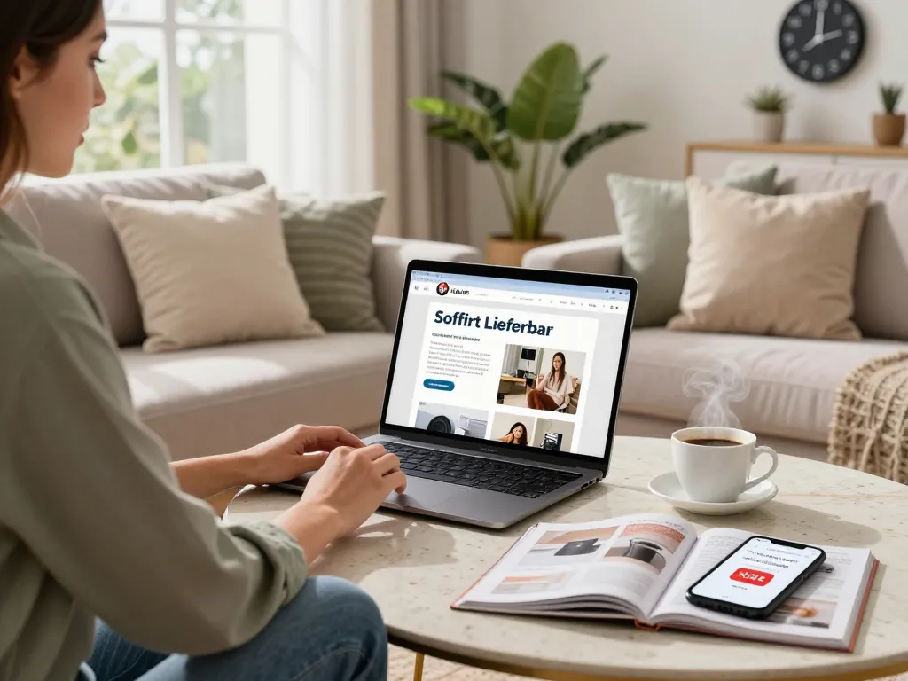 Sofort Lieferbar Produkte, die auf einem Laptop in einem gemütlichen Wohnzimmer durchstöbert werden, betonen die sofortige Verfügbarkeit.