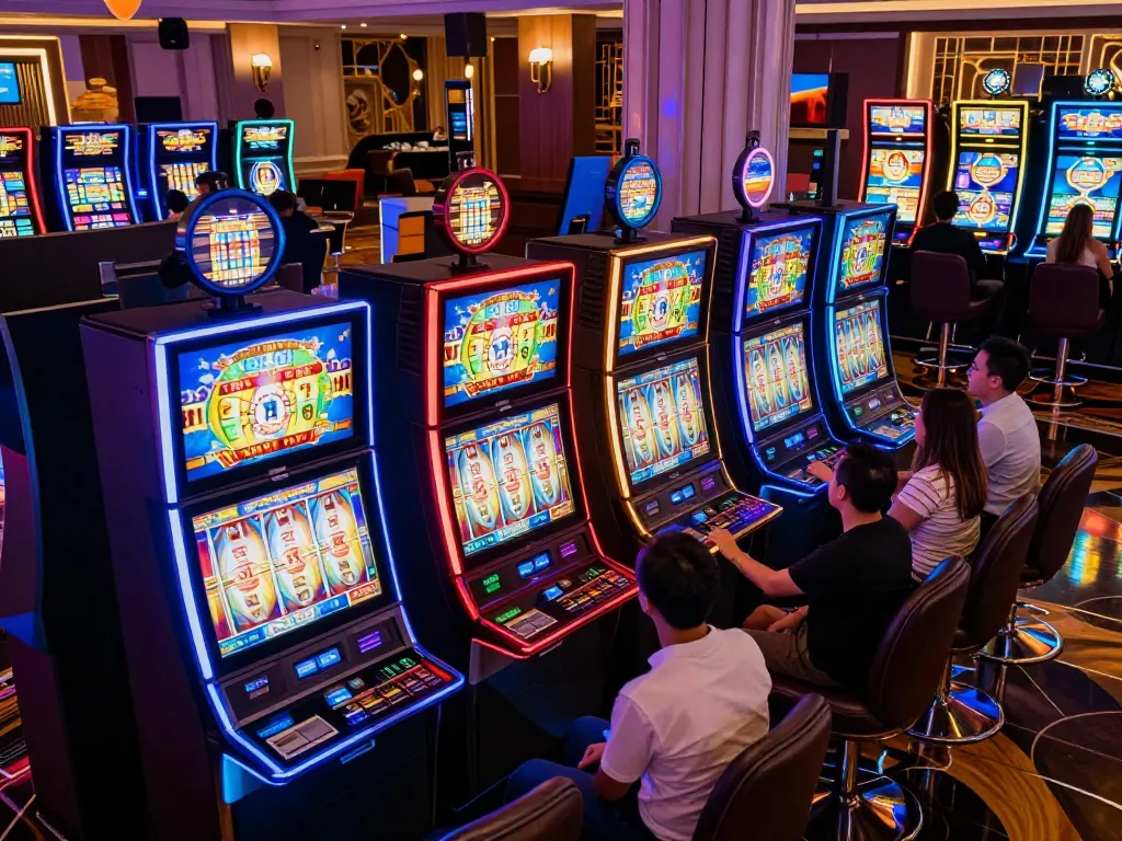 Players enjoying the slot machines at OKBAY, surrounded by vibrant lights and displays.