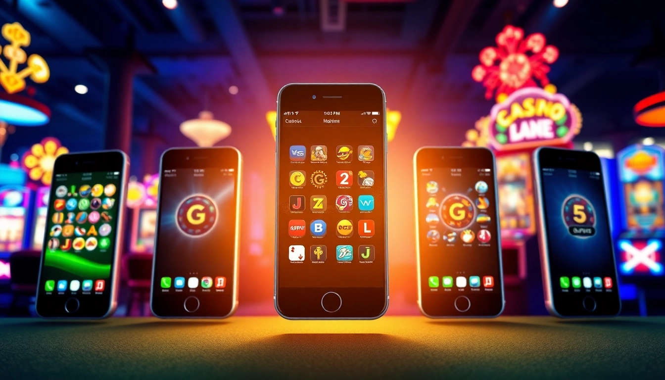 Entdecken Sie die besten Casino Apps in diesem lebhaften Bild, das die top mobilen Glücksspieler in einem faszinierenden Casinobereich zeigt.