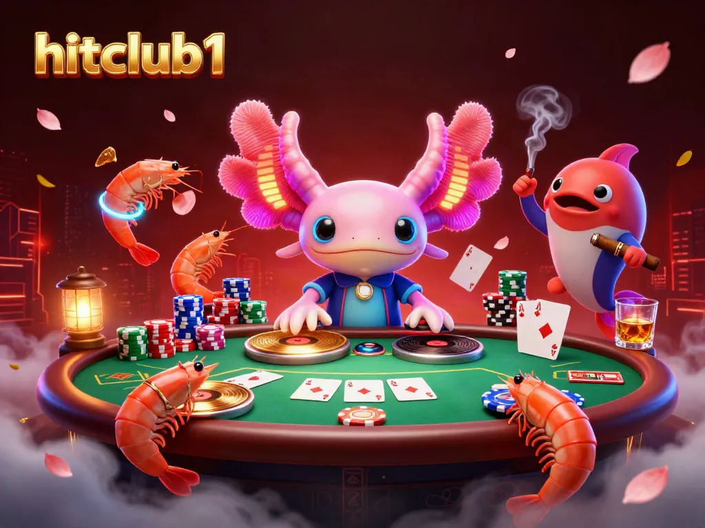 Hitclub1 offers an exciting underwater casino party scene with neon-colored characters spinning poker chips and cards.