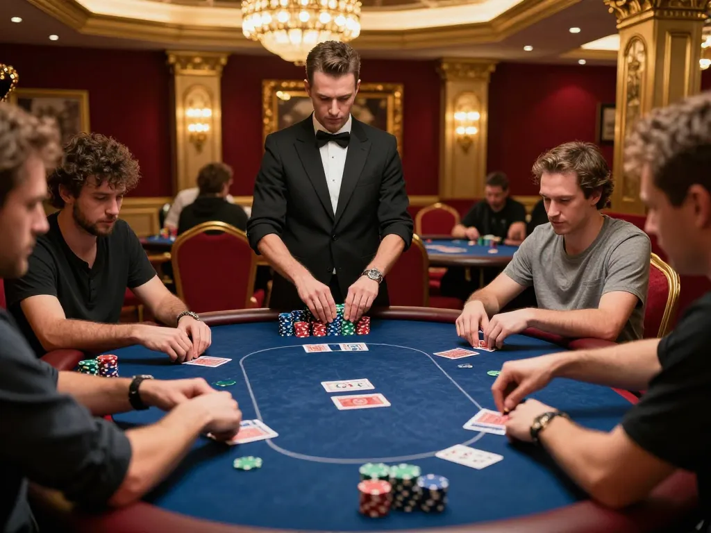 Players engage in strategic poker gameplay at a sunwin gaming table, showcasing intense focus and skill.
