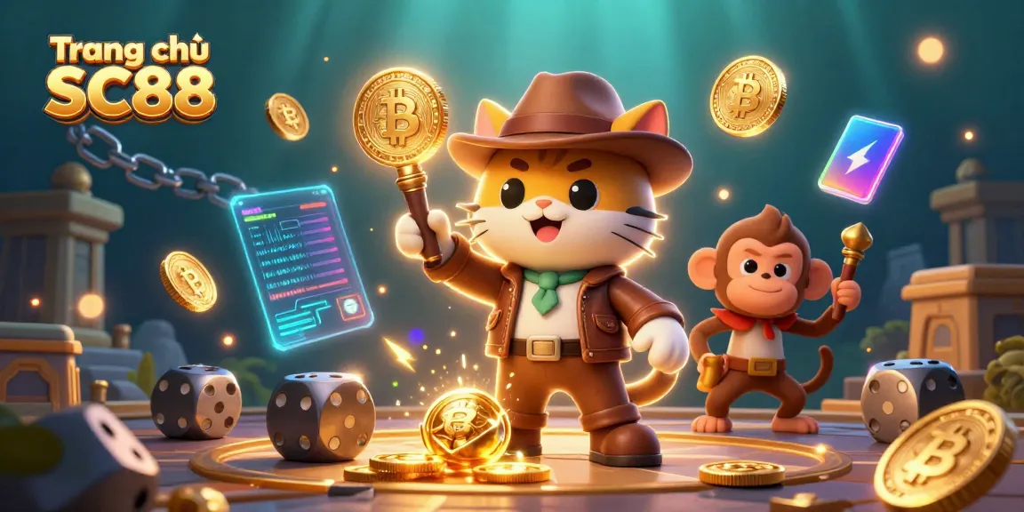 Engage with Trang chủ SC88 featuring a cartoon archaeologist cat, golden casino artifacts, and crypto elements.