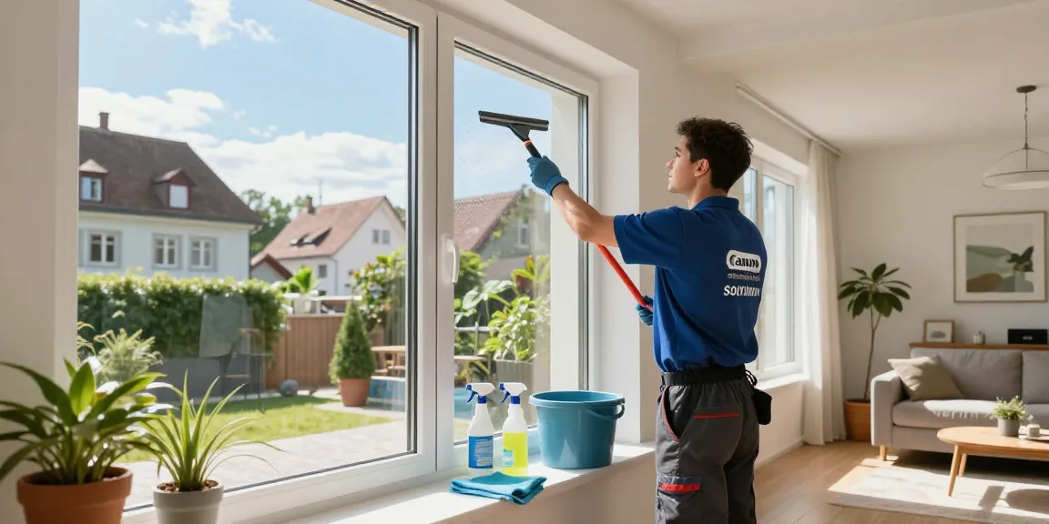 Professional window cleaner performing fensterreinigung solothurn on a sunny day, showcasing expert technique and sparkling clean glass.