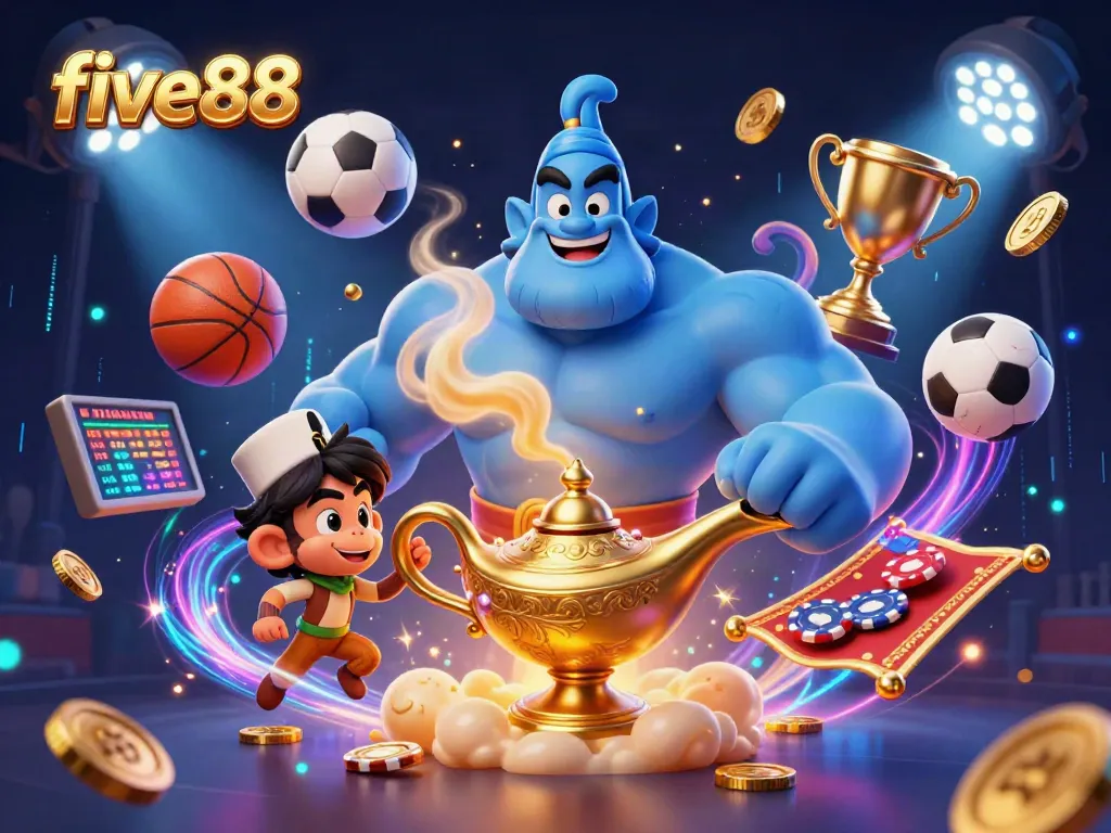 Engage with five88’s thrill, featuring a genie, monkey, and magic carpet in a vibrant casino scene.