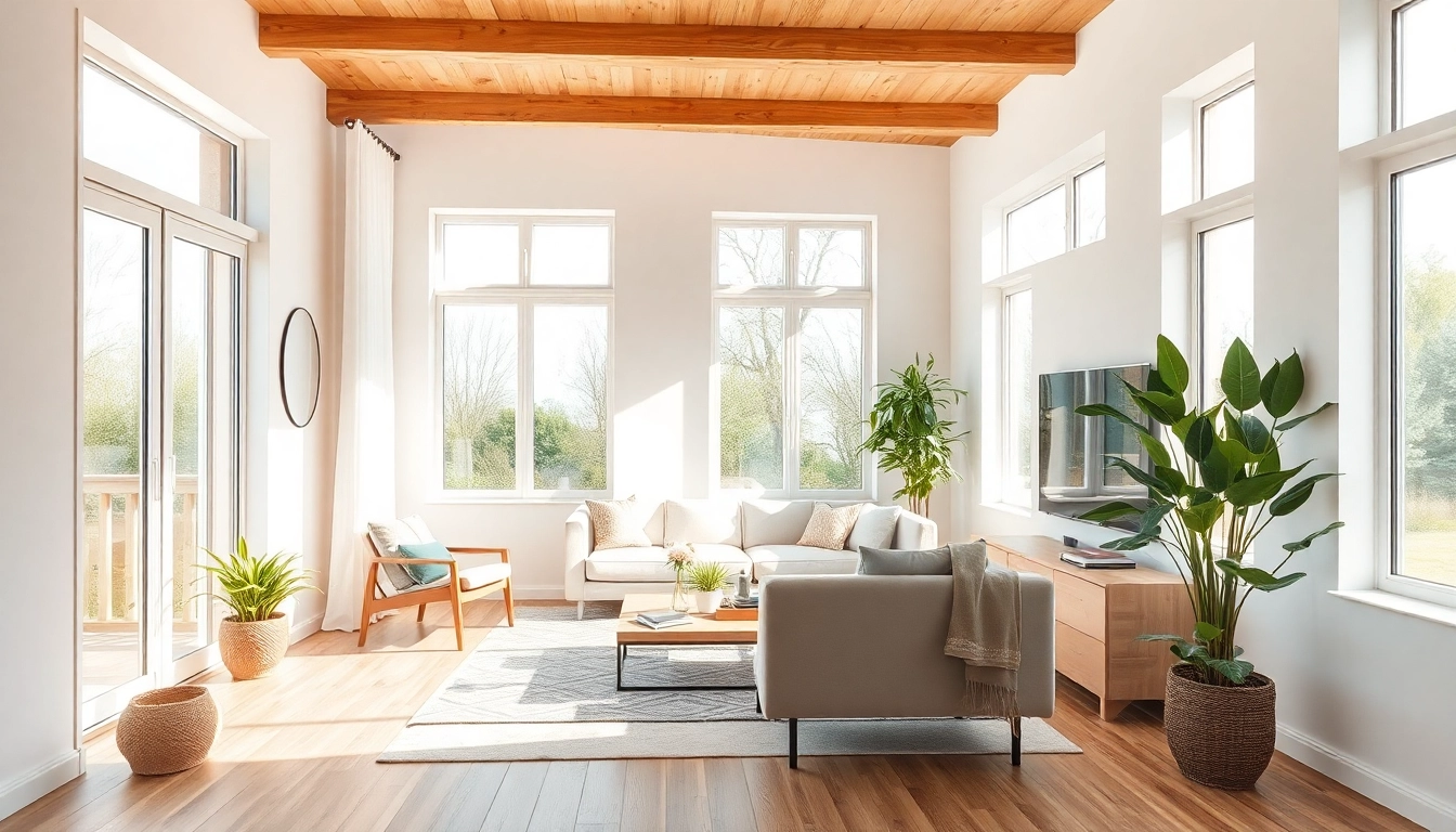 Moderne Hausrenovierung: Frisches, helles Wohnzimmer mit stilvollem Design und einladender Atmosphäre.