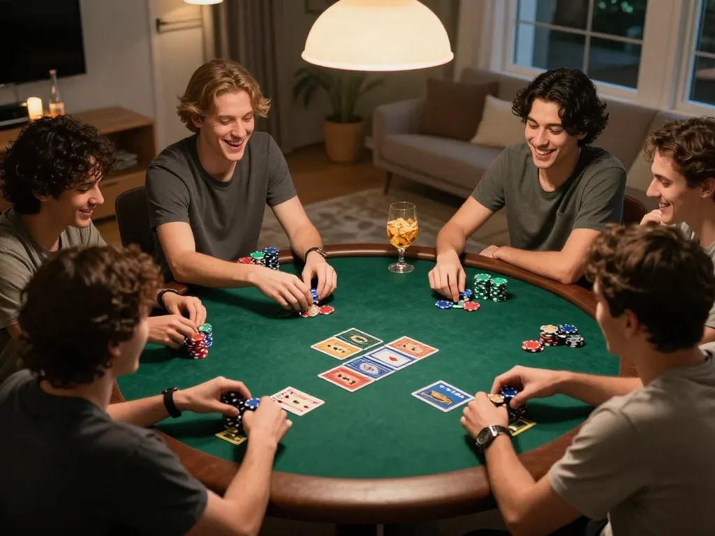 Bet88 players enjoying a lively poker night with vibrant chips and community cards.