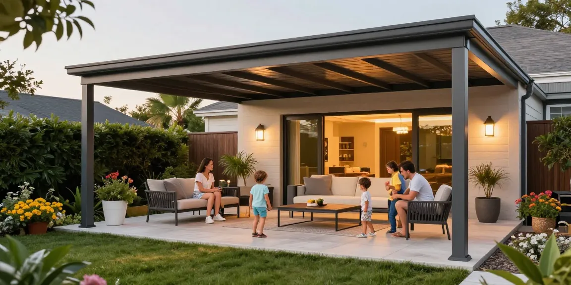 Moderne Terrassenüberdachungen in einem einladenden Garten mit Familie und Pflanzen.