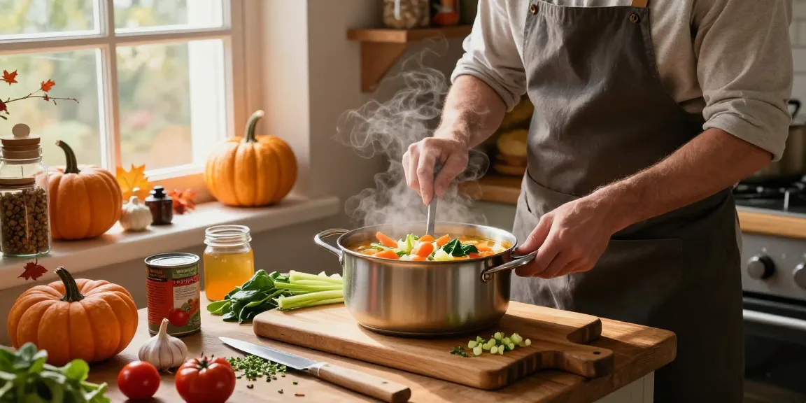 Lebendige vegane Suppe, die mit frischen Zutaten gekocht wird und Vegane Suppen in einer gemütlichen Küche zeigt.