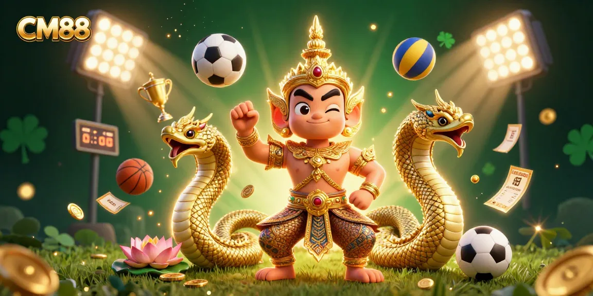 Engage in thrilling betting at CM88 with a vibrant illustration featuring Thai guardians, sports elements, and dynamic coins.