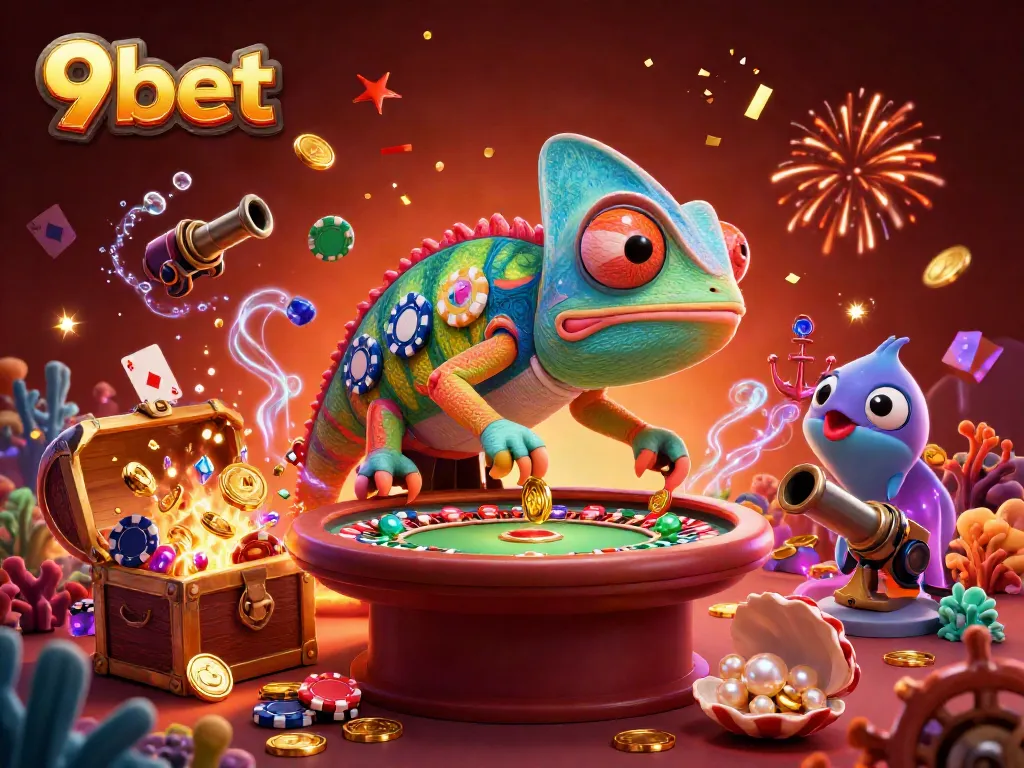 Experience the vibrant casino world of 9bet with a dynamic chameleon owner and rich game elements.